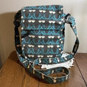 KAVU Tulip Floral Gray Keeper Canvas Crossbody Bag Red Lining